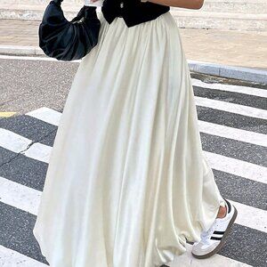 Beige Casual Women's Satin Pleated Bubble Long Skirt